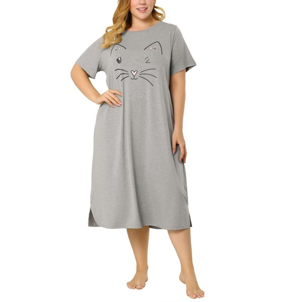 Women's Plus Size Nightgown Pajamas Pockets Cute Cat Sleepwear Gray